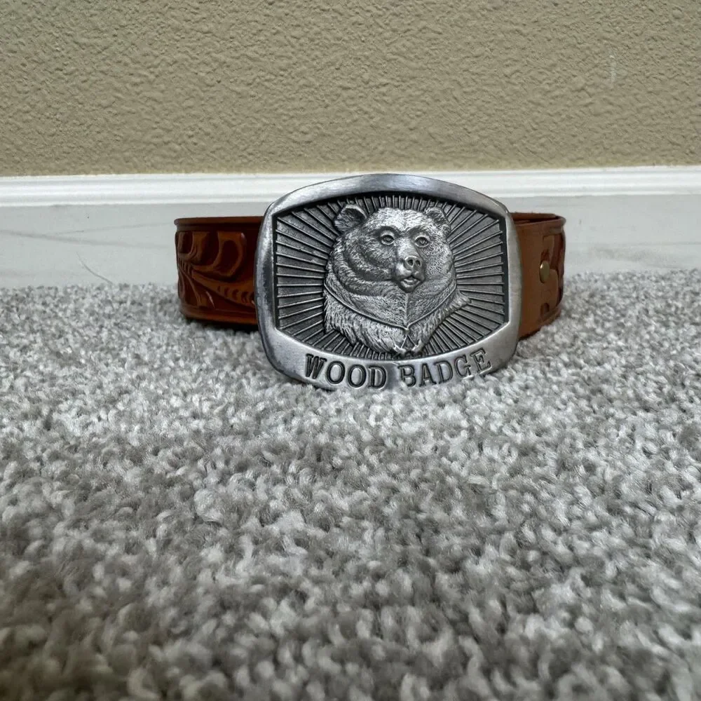 World Wide Products Belt Mens 48 Brown Leather Wood Badge Western Bear Scout